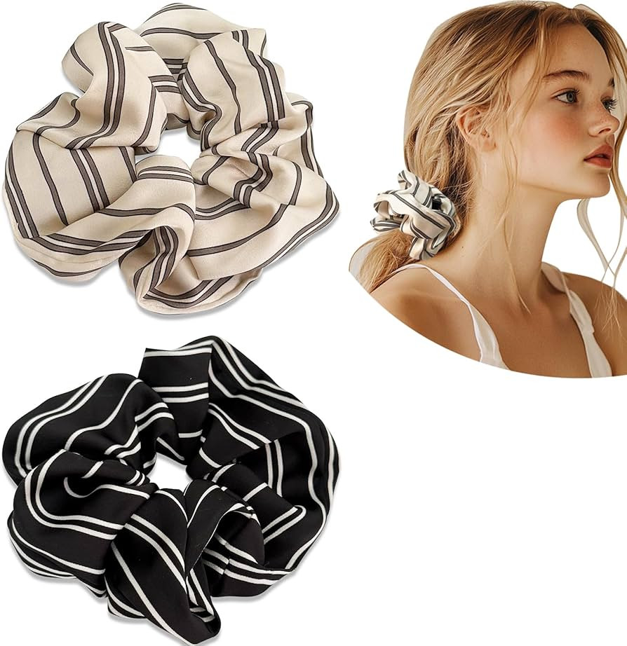 Jseng 2PCS Large Satin Silk Scrunchies for Hair, Stripe Hair Ties, Beige and Black | Amazon (US)