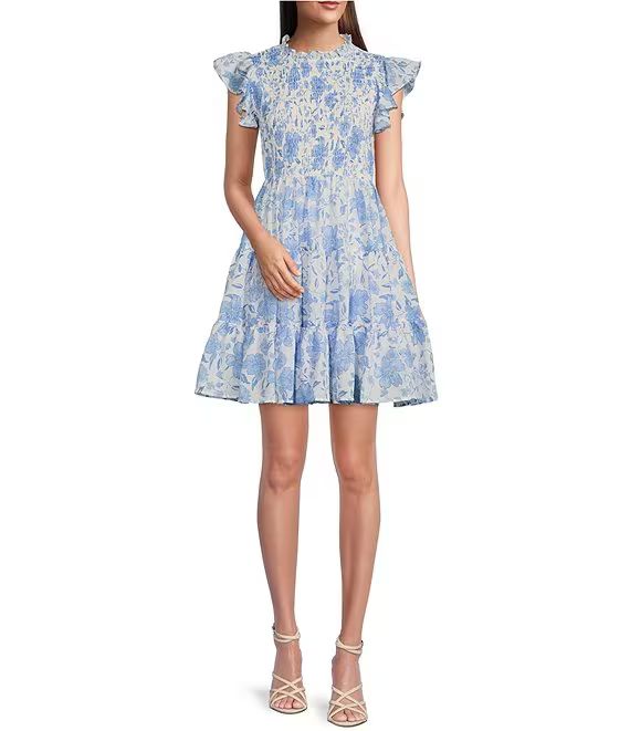 Chloe Louise Floral Print Smocked Ruffled Mock Neck Short Sleeve Tiered A-Line Dress | Dillard's