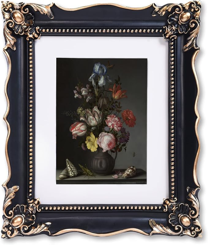8x10 Vintage Picture Frame with Embossed Flower Design, Black Ornate for or 5x7 Pictures White Ma... | Amazon (US)