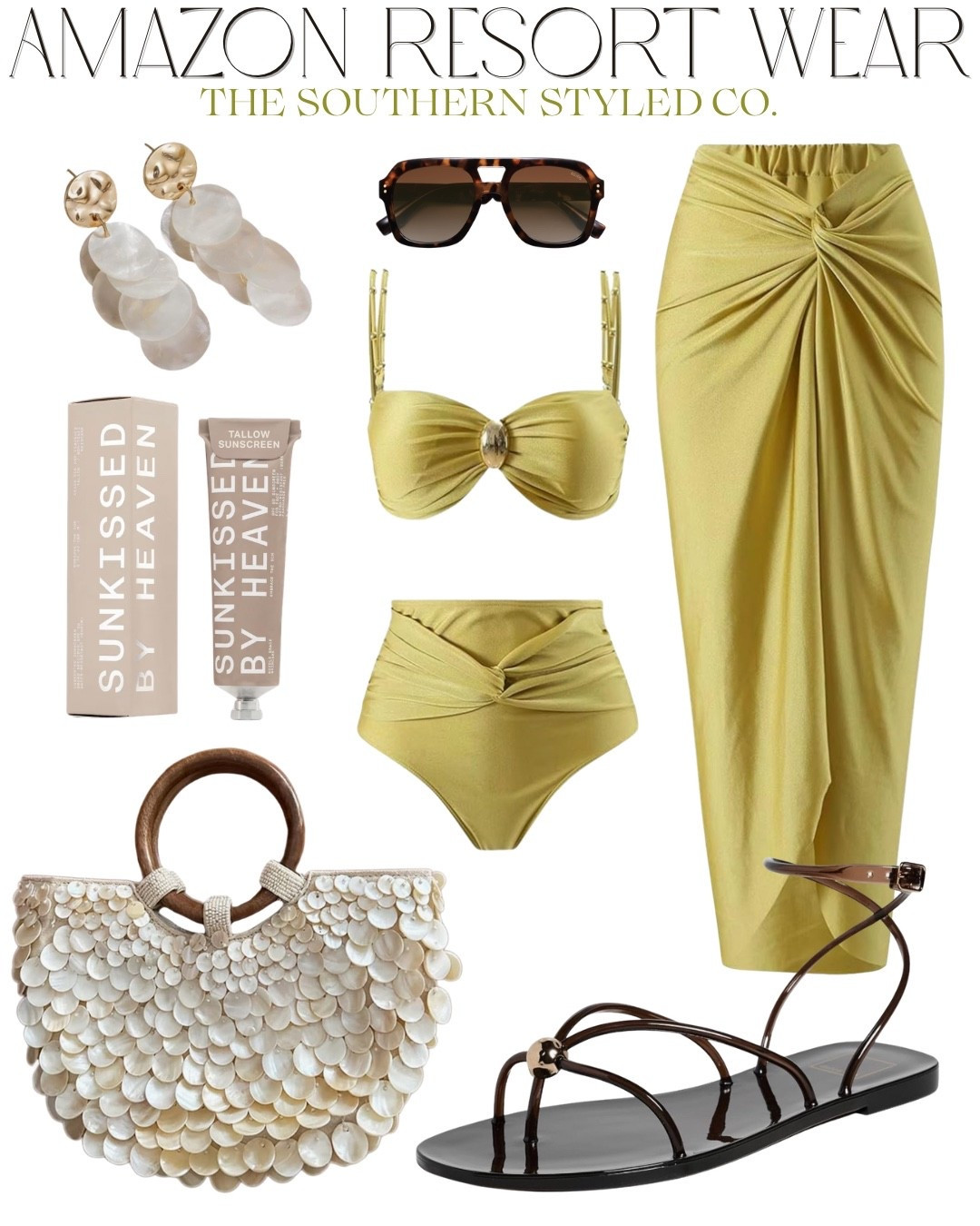 Obsessed is an understatement 😍 This Amazon resort look is giving effortless coastal glam without the price tag.

That olive twist bikini + matching sarong = SO flattering, and I paired it with the prettiest shell bag, gold + pearl statement earrings, and classic tortoise sunnies for that elevated beach vibe. 🤎✨

Perfect for vacations, pool days, or even a chic beach dinner moment!

#LTKTravel #LTKSeasonal #LTKSwim