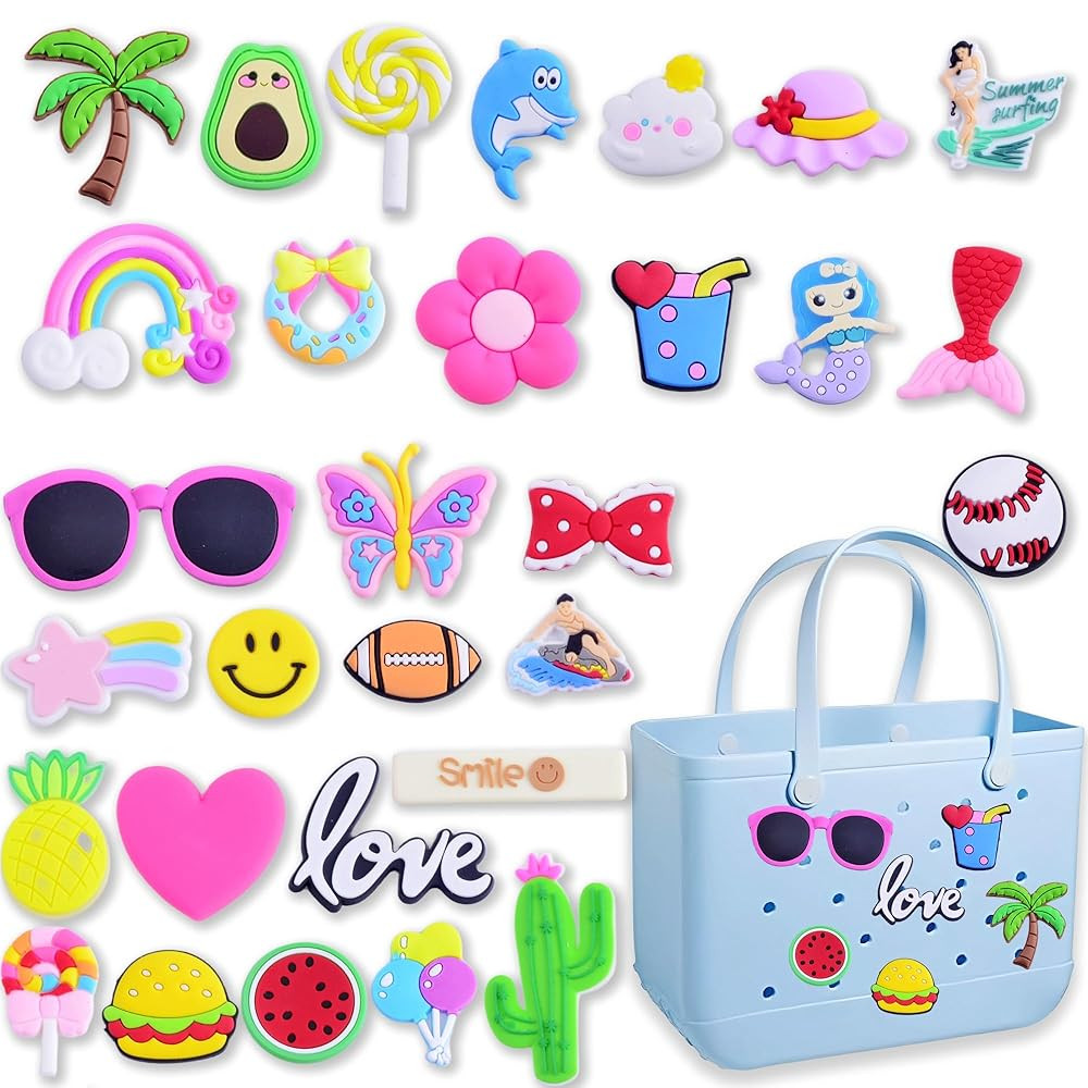 KJML DIY Charms for Bogg Bag, 30pcs Accessories Letters Flowers Baseball Beach Cute Decoration Ba... | Amazon (US)