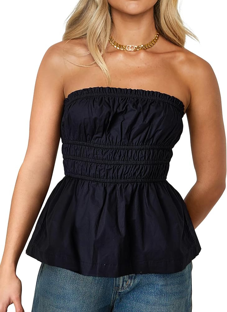 CSDAJIO Ruched Smocked Tube Tops for Women Long Strapless Shirt Backless Going Out Peplum Ruffle ... | Amazon (US)