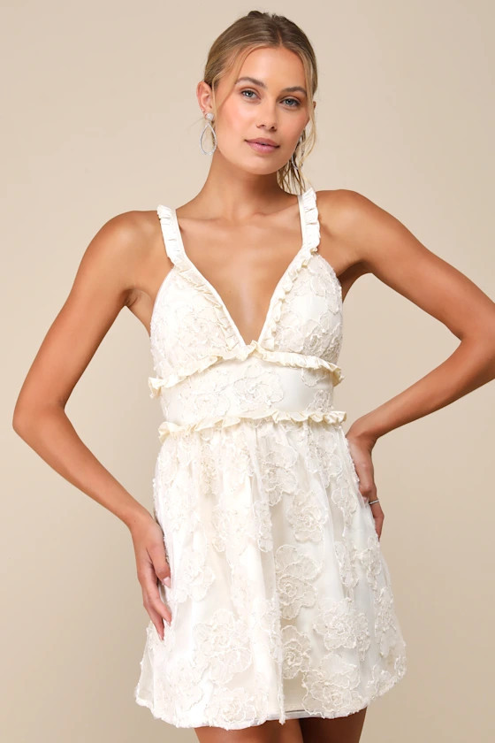 Delightfully Precious Cream Mesh Embroidered Ruffled Mini Dress | Lulus