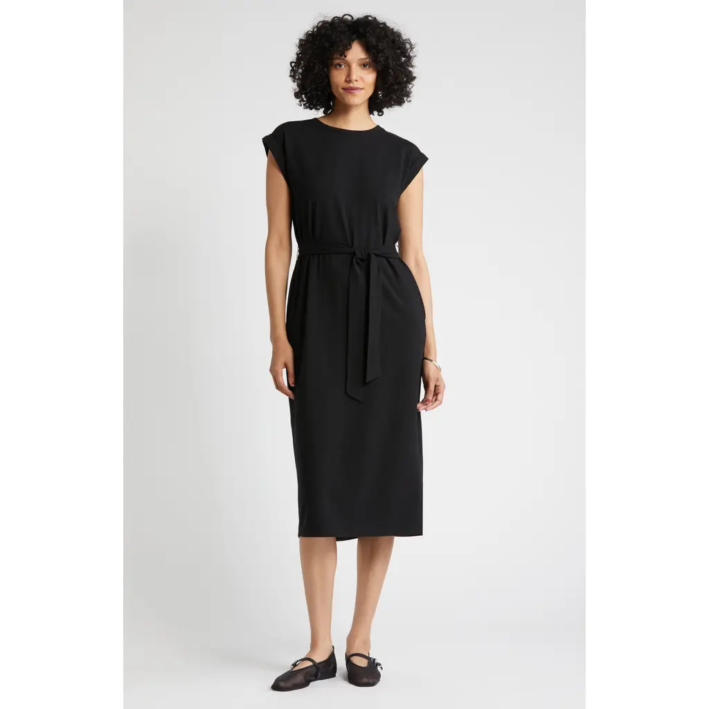 Nordstrom Tie Waist Stretch Cotton Knit Dress in Black at Nordstrom, Size Xx-Large | Nordstrom