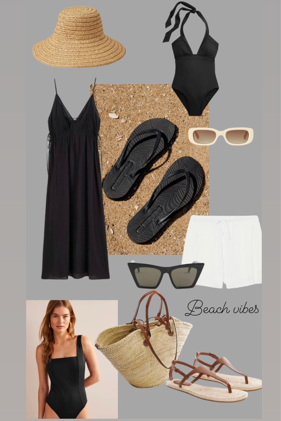 Beach vibes. Swimsuits, strappy dresses, sunglasses, sandals and beach bags