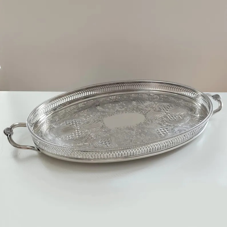 Vintage English Silver-Plated on Copper Oval Tray with Handles and Bun Feet – Classic Galleried... | Etsy (US)