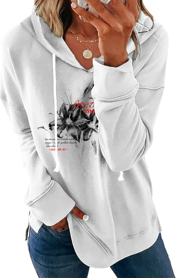 Women's White Floral Print Hoodie Long Sleeve Pullover Sweatshirt Loose Fit Cotton Blend Drawstri... | Amazon (US)