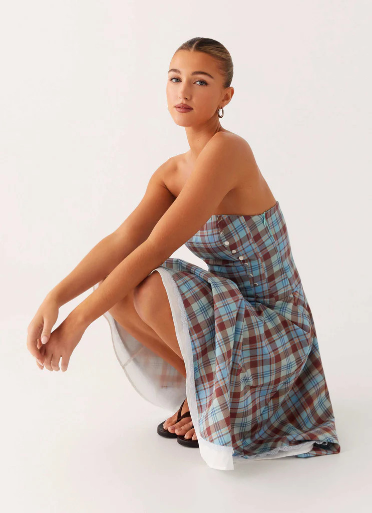 Tonie Strapless Midi Dress - Shoreline Check | Peppermayo (Global)