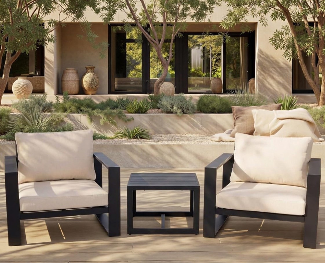 Modern patio style, made for slow evenings. ☀️ This black and taupe 3-piece outdoor set brings a clean, elevated look to your patio or balcony. With sleek chairs, soft cushions, and a slatted table, it’s perfect for morning coffee, sunset chats, or easy summer hosting. Comfortable, stylish, and effortlessly inviting.

Create the outdoor space you’ll never want to leave. ✨

#LTKSeasonal #LTKHome #LTKU