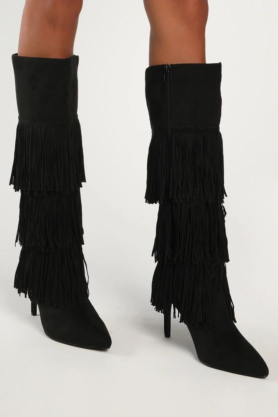 Shaniaa Black Suede Fringe Pointed-Toe Knee High Boots | Lulus (US)