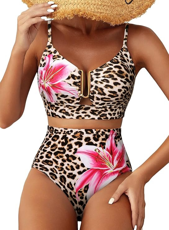 Herseas Womens 2 Piece High Waisted U Wire Bikini Set Floral Print Swimsuit Crisscross Back Bathi... | Amazon (US)