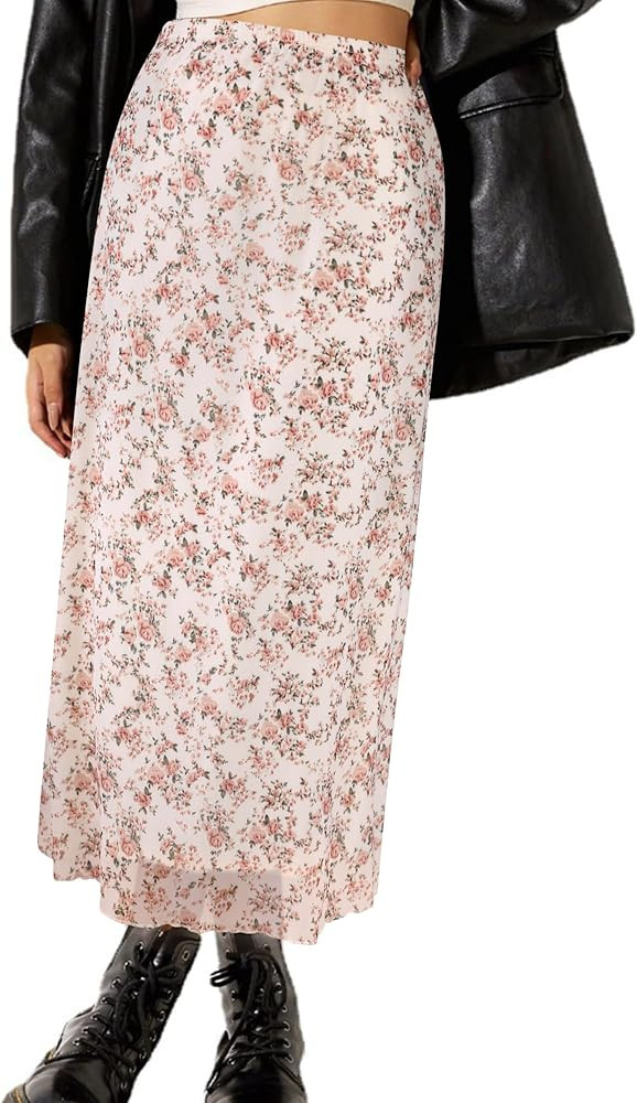Avanova Women Ditsy Floral Bohemian Mesh Midi Skirt Elastic High Waisted Flowy Summer Long Skirt | Amazon (US)
