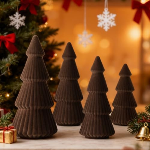 Lanpn 4 Pcs 6" 8" 10" Christmas Velvet Tree Figurine Decoration, Xmas Cone Tree Set Indoor, Small... | Amazon (US)