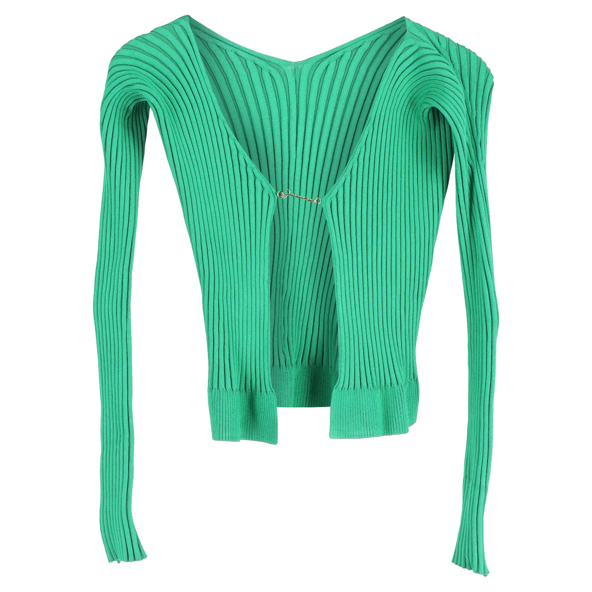 Jacquemus Pralù Cropped Embellished Ribbed-knit Cardigan In Green Viscose | Shop Simon