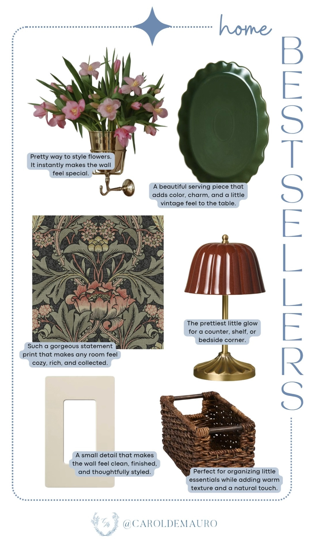 These home pieces are the ones you all keep buying! The scalloped serving tray and floral wallpaper print bring so much warmth and character to a space.

home bestsellers, home decor favorites, follower favorites, accent lamp, wicker basket, home styling, decor essentials

#LTKHome