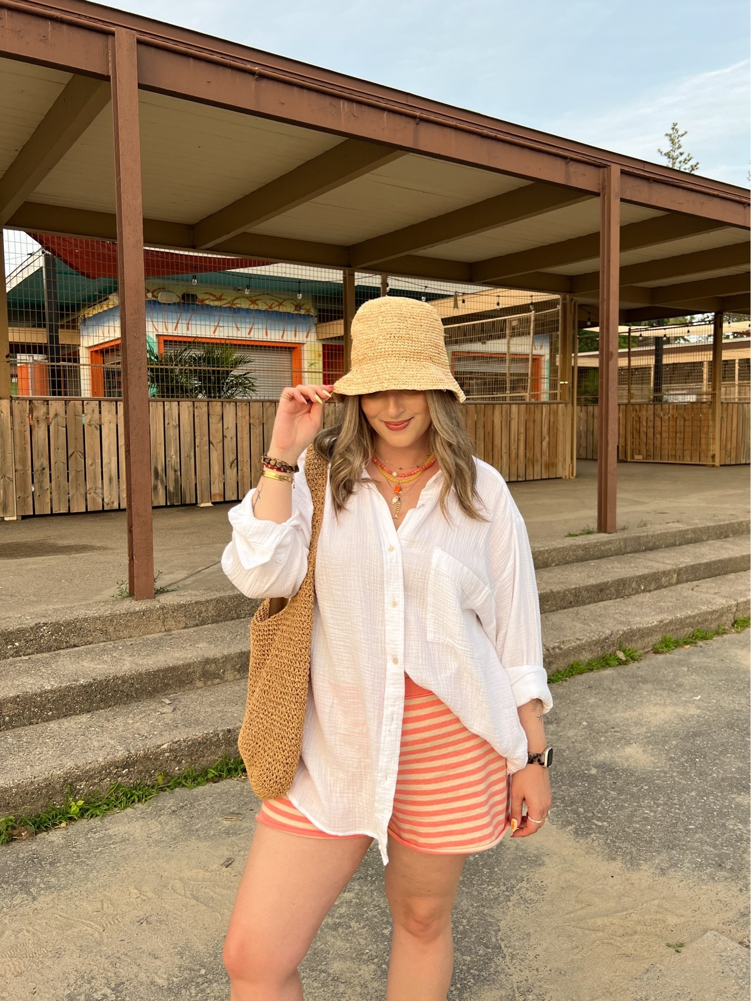 Beach outfit! Wearing my usual size L in both the striped shorts and oversized white button up. I’m a 9.5-10 and wear a 40 in the Birkenstock Boston clogs. Linked similar straw bucket hats

#LTKsummer #LTKmidsize #LTKsale