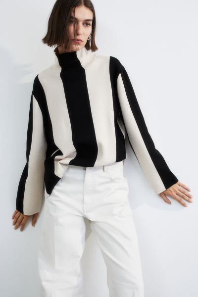 Mock Turtleneck Sweater - Natural white/black striped - Ladies | H&M US | H&M (US + CA)
