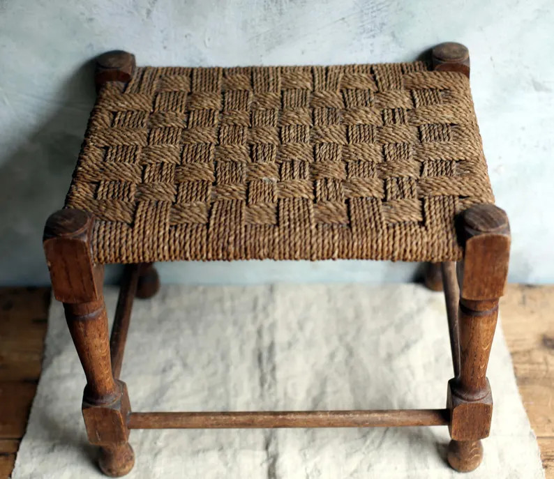 Antique French Wooden Stool With Woven Rush Seat - Etsy | Etsy (US)