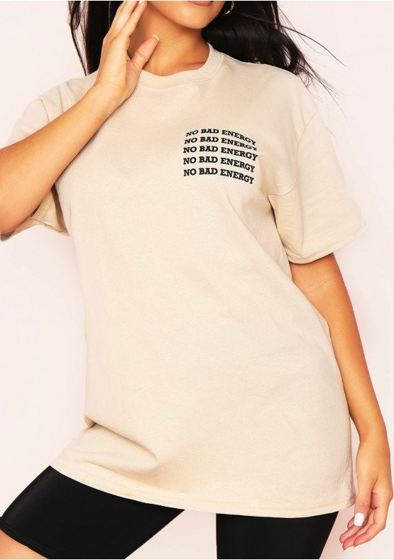 Crystal Sand "No Bad Energy" Slogan Oversized T-Shirt | Missy Empire (UK)