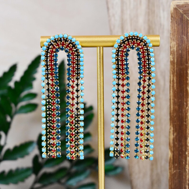 Blue Rhinestone Rainbow Chandelier Earrings, Gold Rhinestone Crystal Chandelier Earrings (EPJ-E21... | Etsy (US)