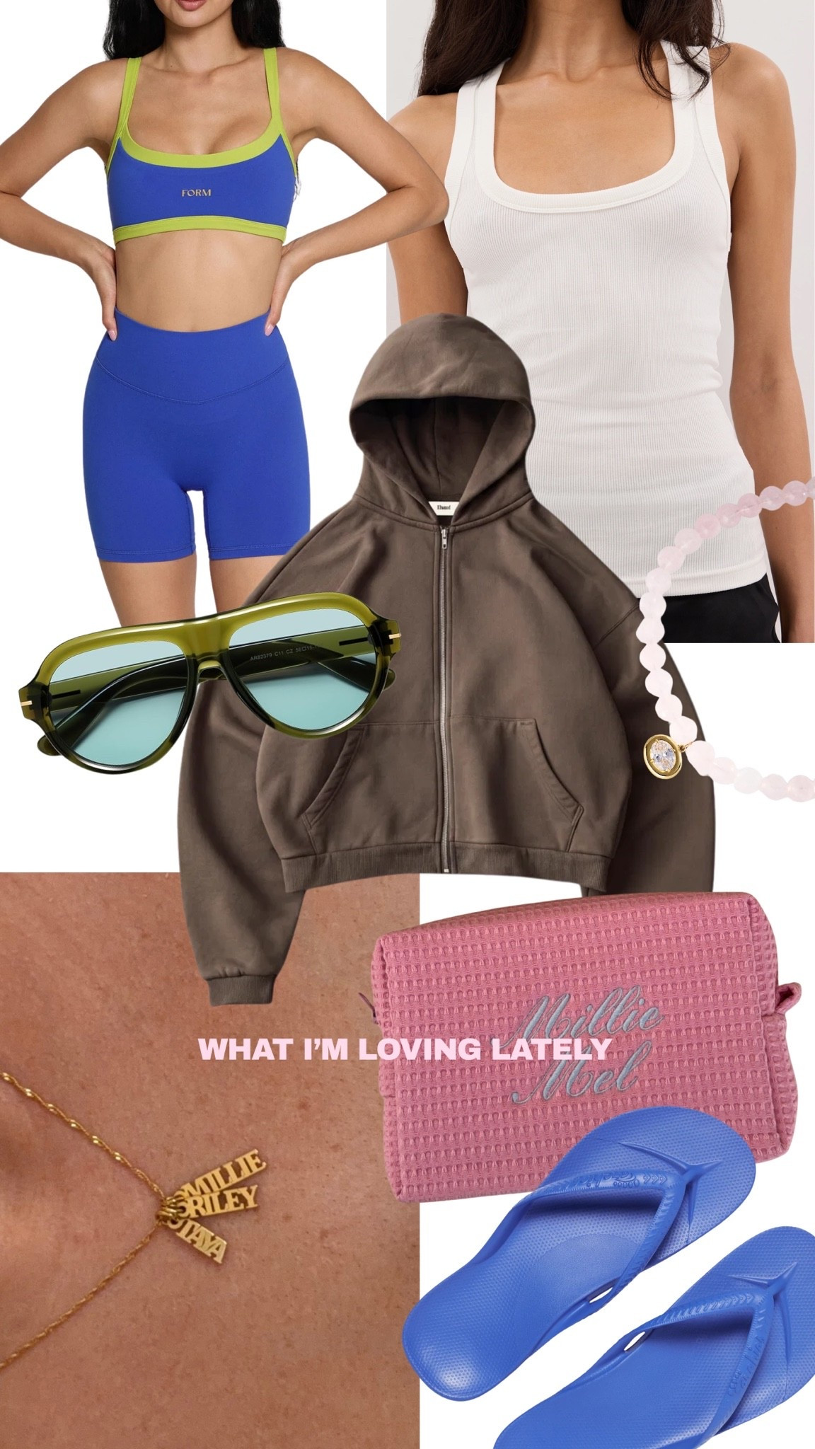 Size L in blue set from FORM the quality and fit is so good, size M in sweatshirt!! Amazon sunnies, cutest custom waffle pouch, necklace with my babies names (code BRES20) ✨
