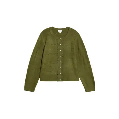 CeCe Lace Trim Pointelle Knit Cardigan in Capulet Olive at Nordstrom, Size X-Large | Nordstrom