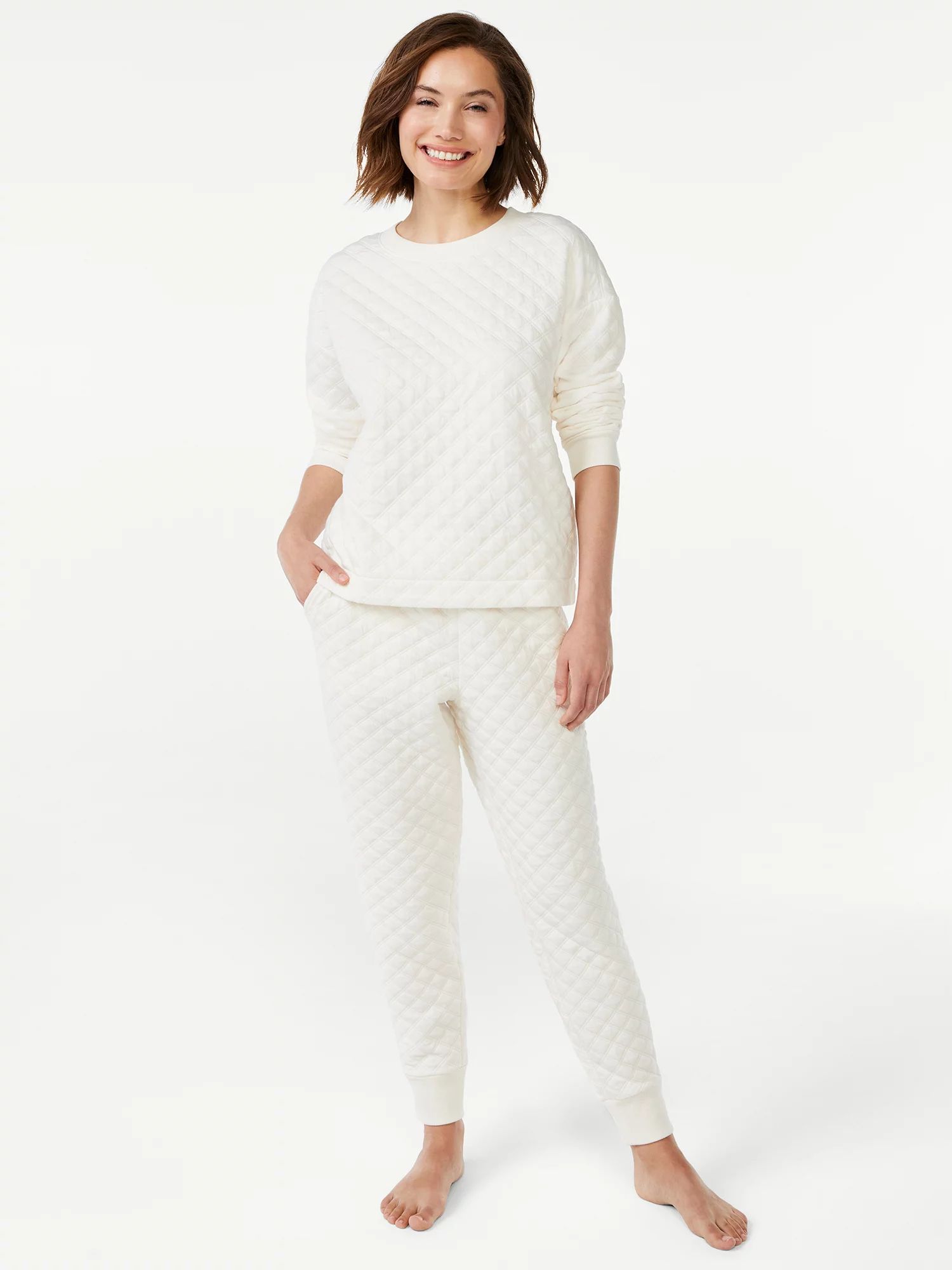 Joyspun Women's Quilted Long Sleeve Sleep Top and Jogger PJ Set, 2-Piece, Sizes up to 3X | Walmart (US)