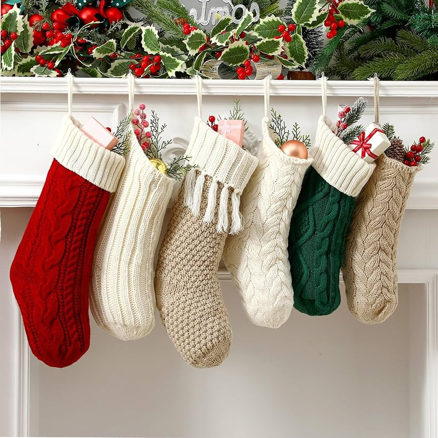 6 Pcs Christmas Stockings 18" 14'' Cable Knit Neutral Stockings Rustic Farmhouse Fireplace Christ... | Amazon (US)