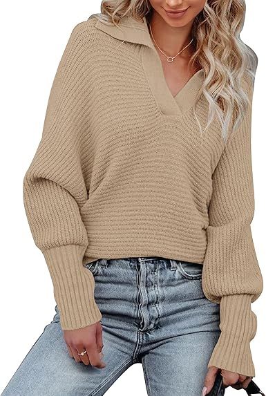 MEROKEETY Women's Batwing Long Sleeve V Neck Pullover Sweaters Foldover Collared Casual Knit Jump... | Amazon (US)