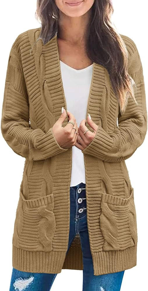 Women's Cable Knit Open Front Cardigan Long Sleeve Chunky Sweaters Outwear with Pockets | Amazon (US)