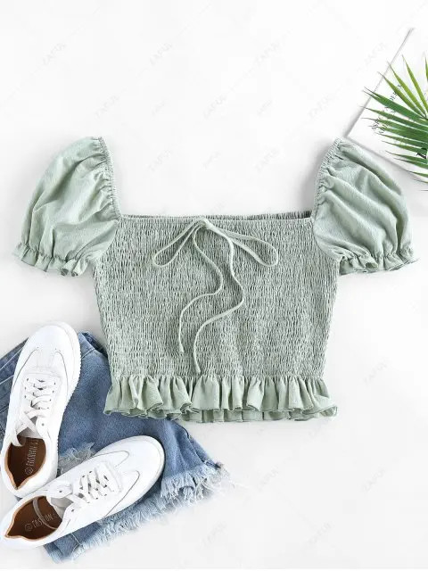 ZAFUL Smocked Bowknot Puff Sleeve Ruffle Blouse - Light Green S | ZAFUL (Global)