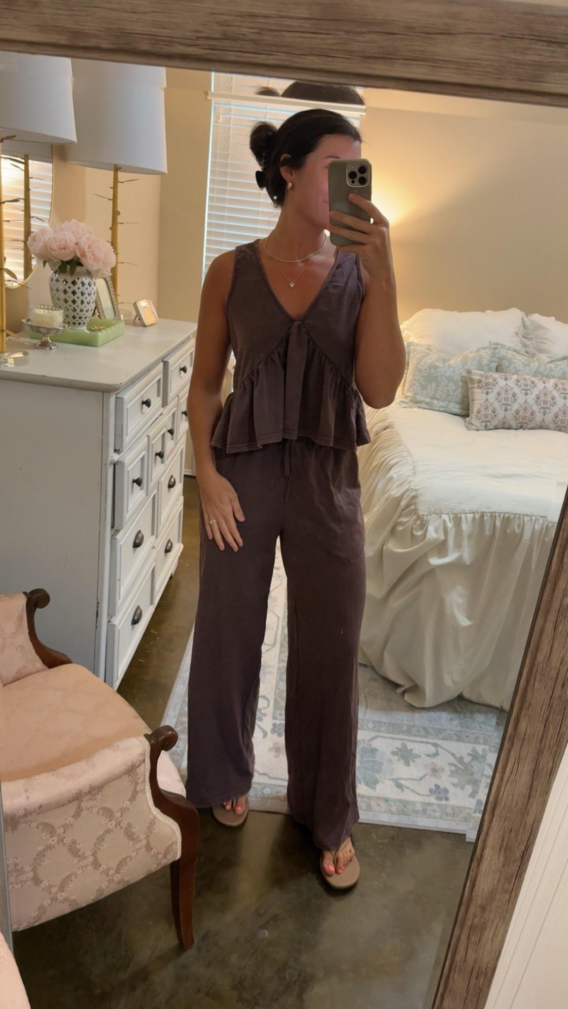 Wearing medium! I’m 5’7 tall and it hits me right at my belly button and hits me about 1/2 an inch off the floor in length! Super cute and giving Free People vibes! I have the brown color on and material is thicker so no sheerness! Very comfy to wear out with sandals or simple flip flops! Also linked the flip flops I have on and they are the color taupe! Very comfy everyday flip flops!! #shein #amazon