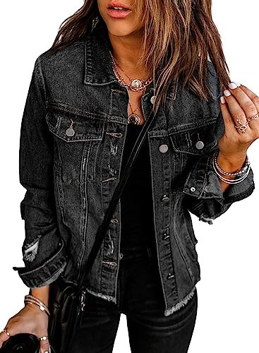 EVALESS Female Plain Ripped Distressed Pockets Front Slouchy Fray Hem Details Long Sleeve Trucker Denim Jeans Jacket Coat Black 2X-Large | Amazon (US)