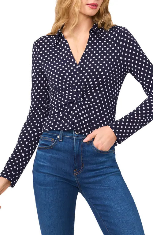 CeCe Polka Dot Long Sleeve Twist Front Top in Classic Navy at Nordstrom, Size X-Small | Nordstrom