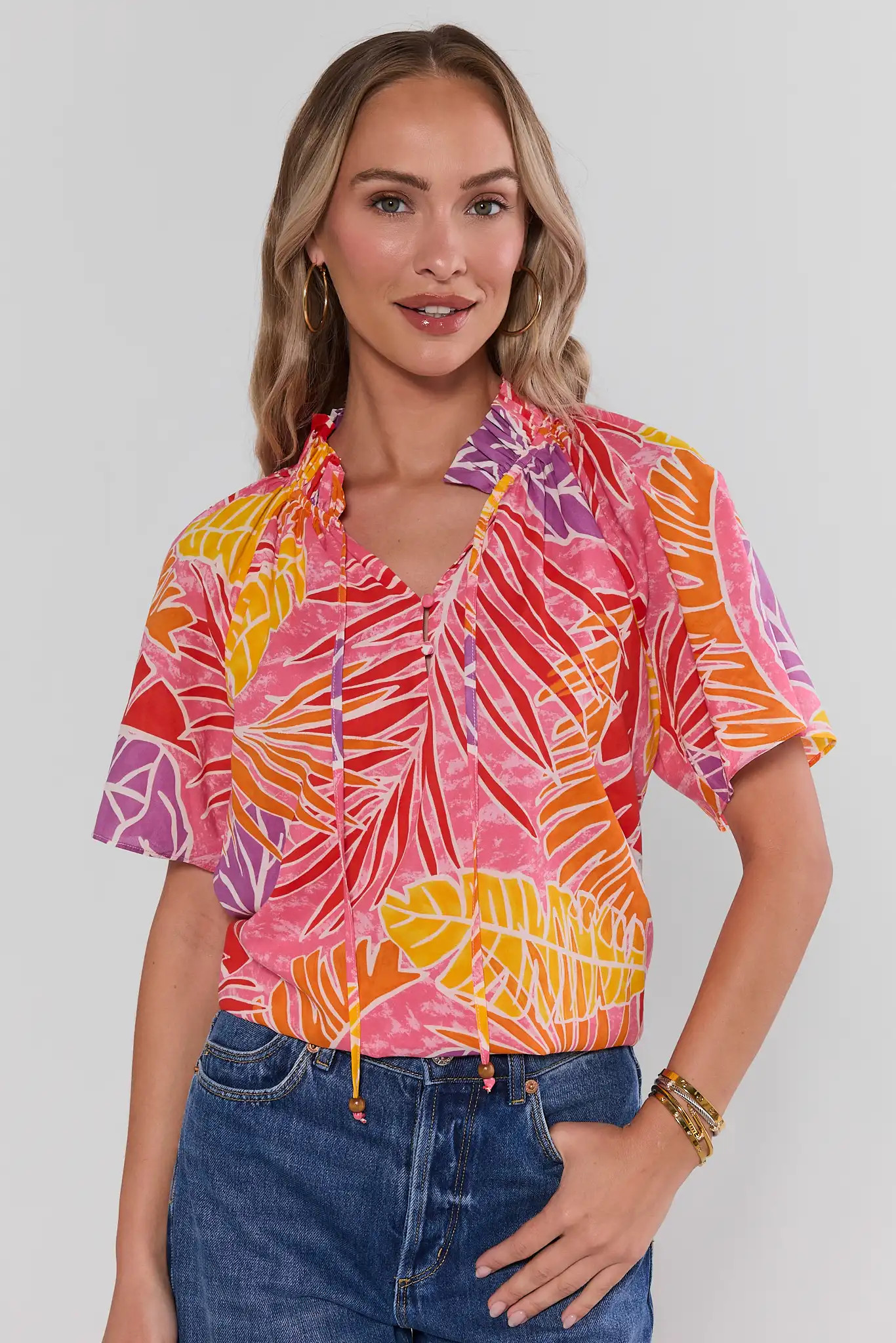 Pink Palm Print Split Neck Top | Avara