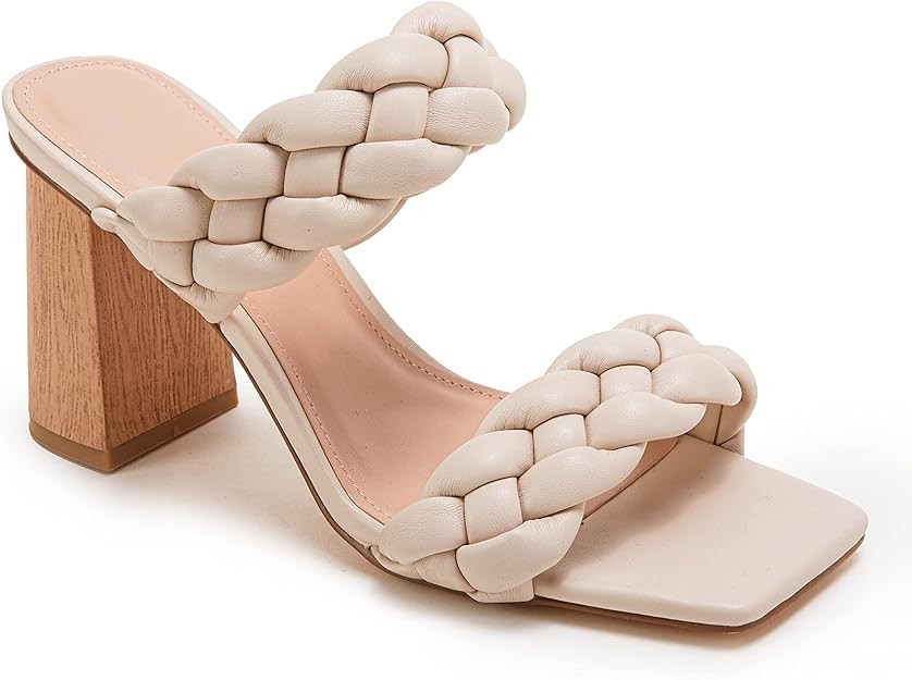 Womens Braided Heeled Sandals Square Open Toe Slip On Strappy Slide Shoes | Amazon (US)