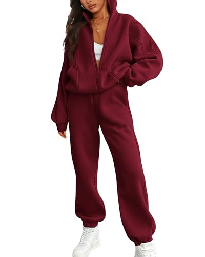 BTFBM Womens Sweatsuits 2 Piece Set 2025 Fleece Long Sleeve Zip Up Sweatshirt Sweatpants Winter Fall Outfits Jogger Sets(Wine Red, XX-Large) | Amazon (US)