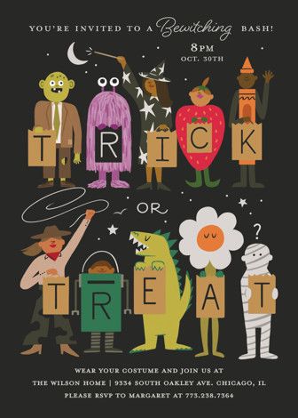 "Trick or Treaters" - Customizable Holiday Party Invitations in Black by Morgan Ramberg. | Minted