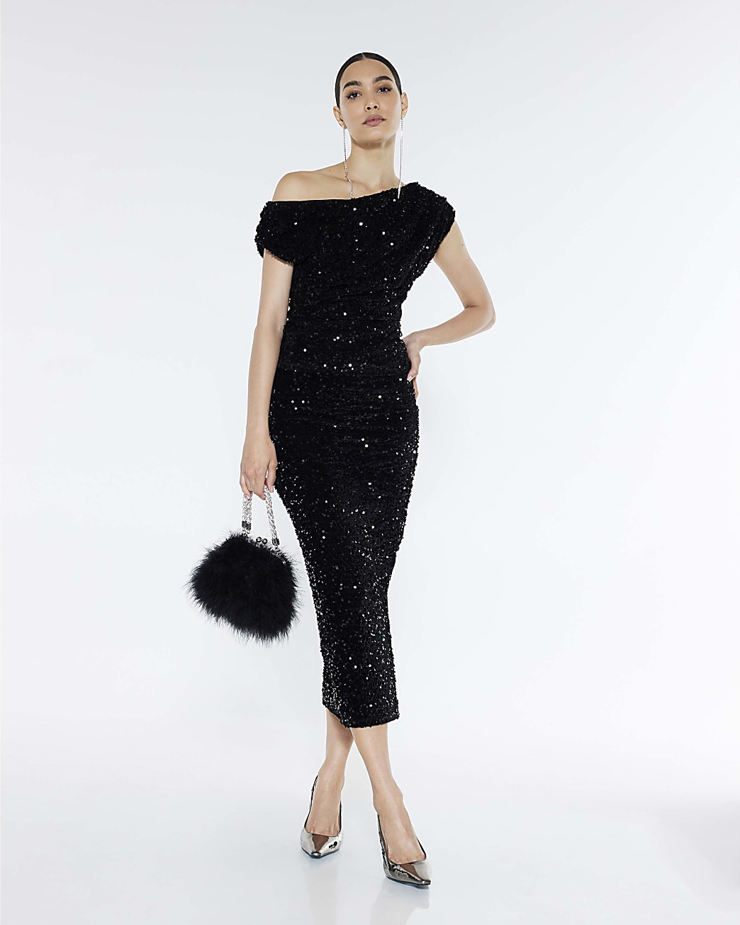 Black Velvet Sleeveless Sequin Drape Top | River Island UK & IE