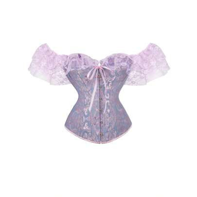 Women Lace Trim Off-Shoulder Corset Tight-Fitting Bustier Boned Jacquard Crop Top | SHEIN