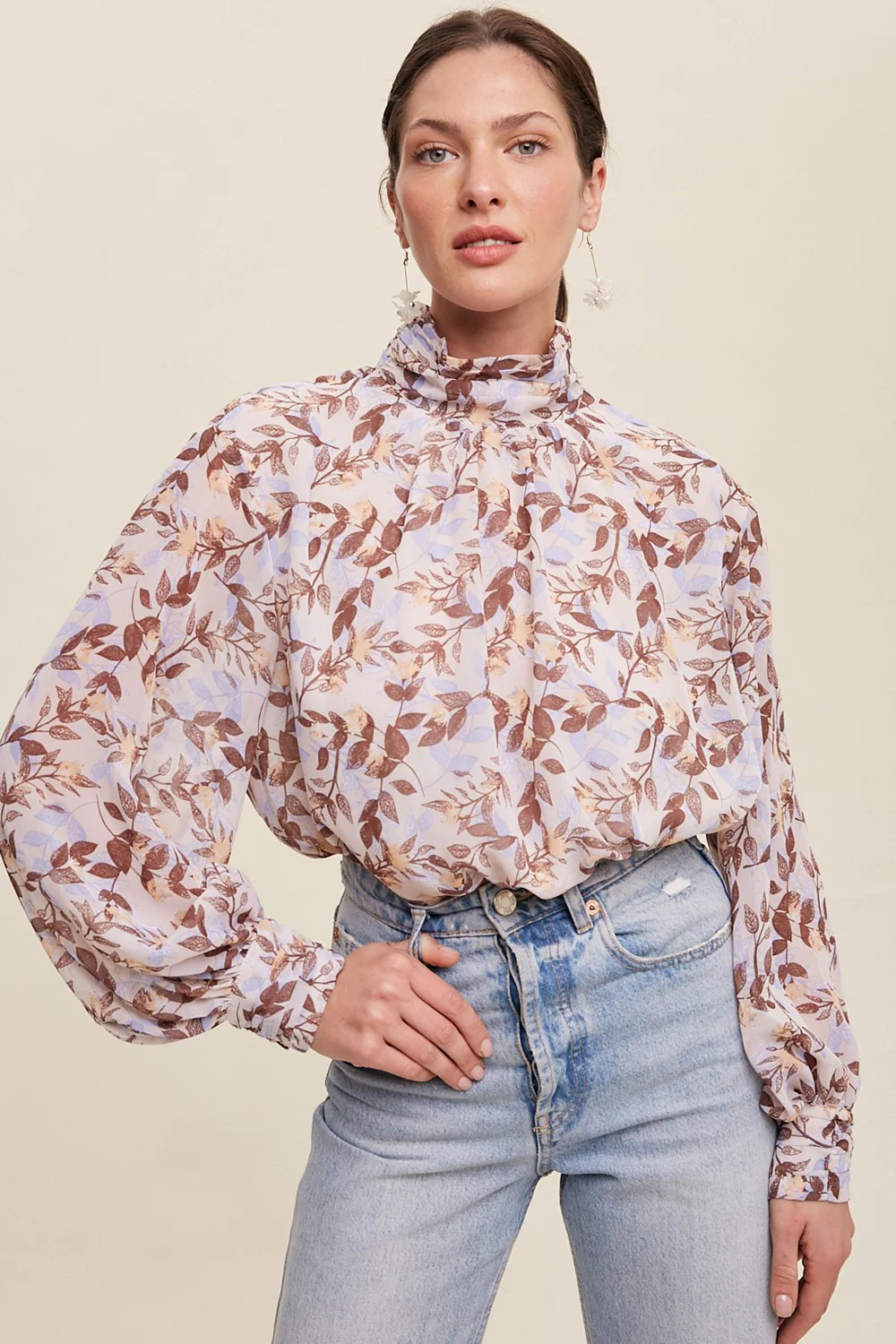Brown Leaf Print Mock Neck Long Sleeve Blouse | PinkBlush Maternity