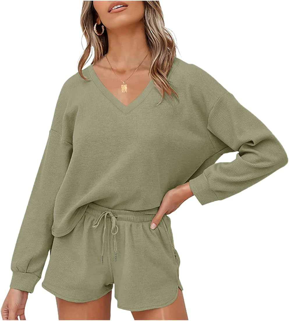 Women's Long Sleeve Waffle Lounge Sets V Neck Top and Shorts 2 Piece Pajama Set Pockets Outfits | Amazon (US)