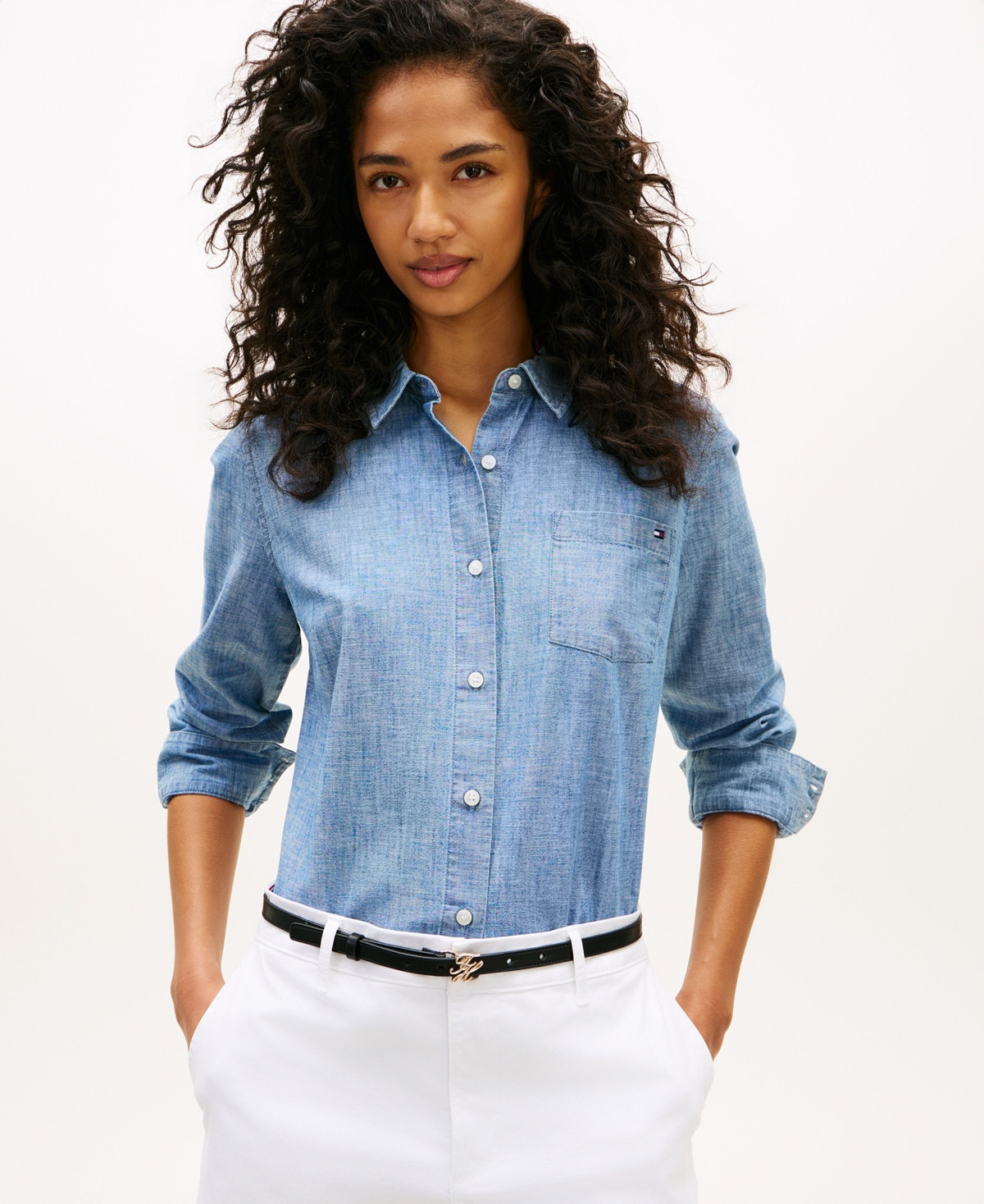 Tommy Hilfiger Women's Chambray Roll-Tab Long-Sleeve Shirt - Mid Blue | Macy's