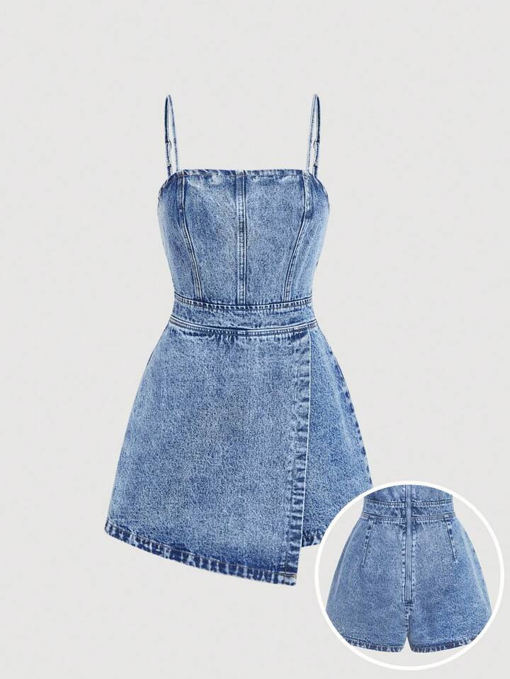 SHEIN MOD Women's Fitted Bib Denim Romper, Blue | SHEIN