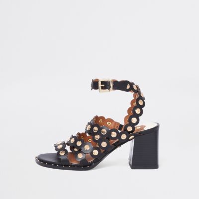 Black scallop block heel sandals | River Island (UK & IE)