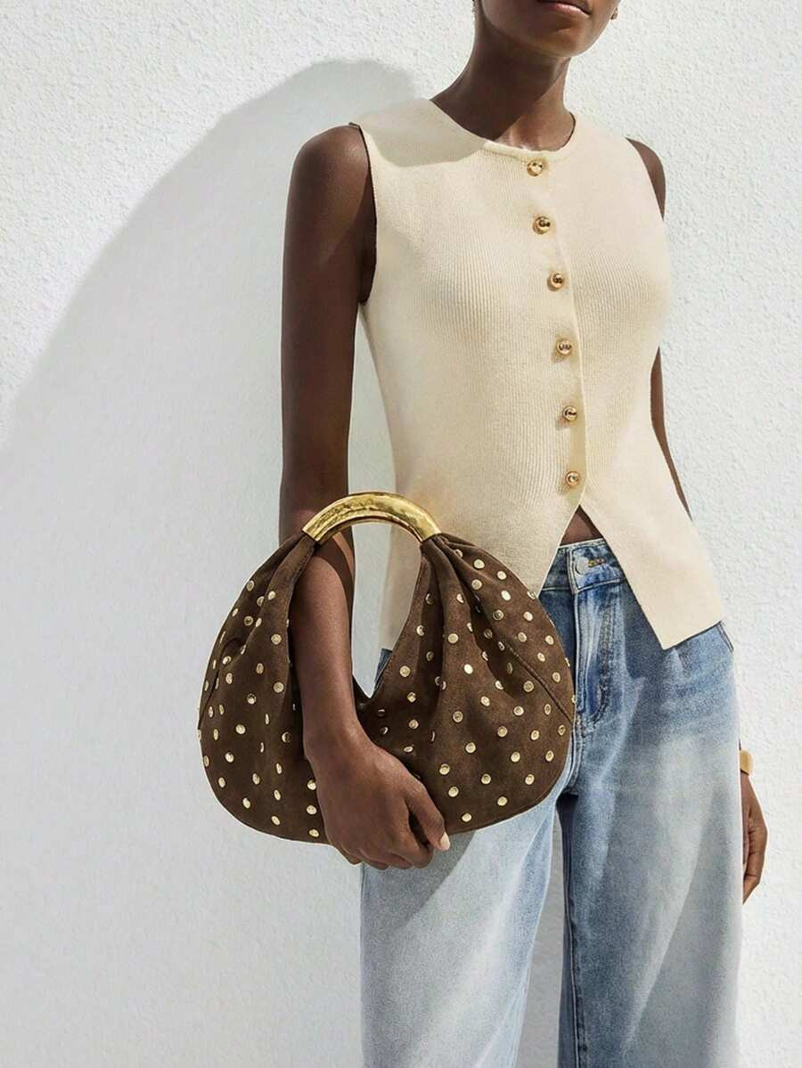 Maija Ladies, Women Top Handle Bags, Suede, Suede Bag, Retro, Rivets, Vintage, Gold Metal Handle,... | SHEIN