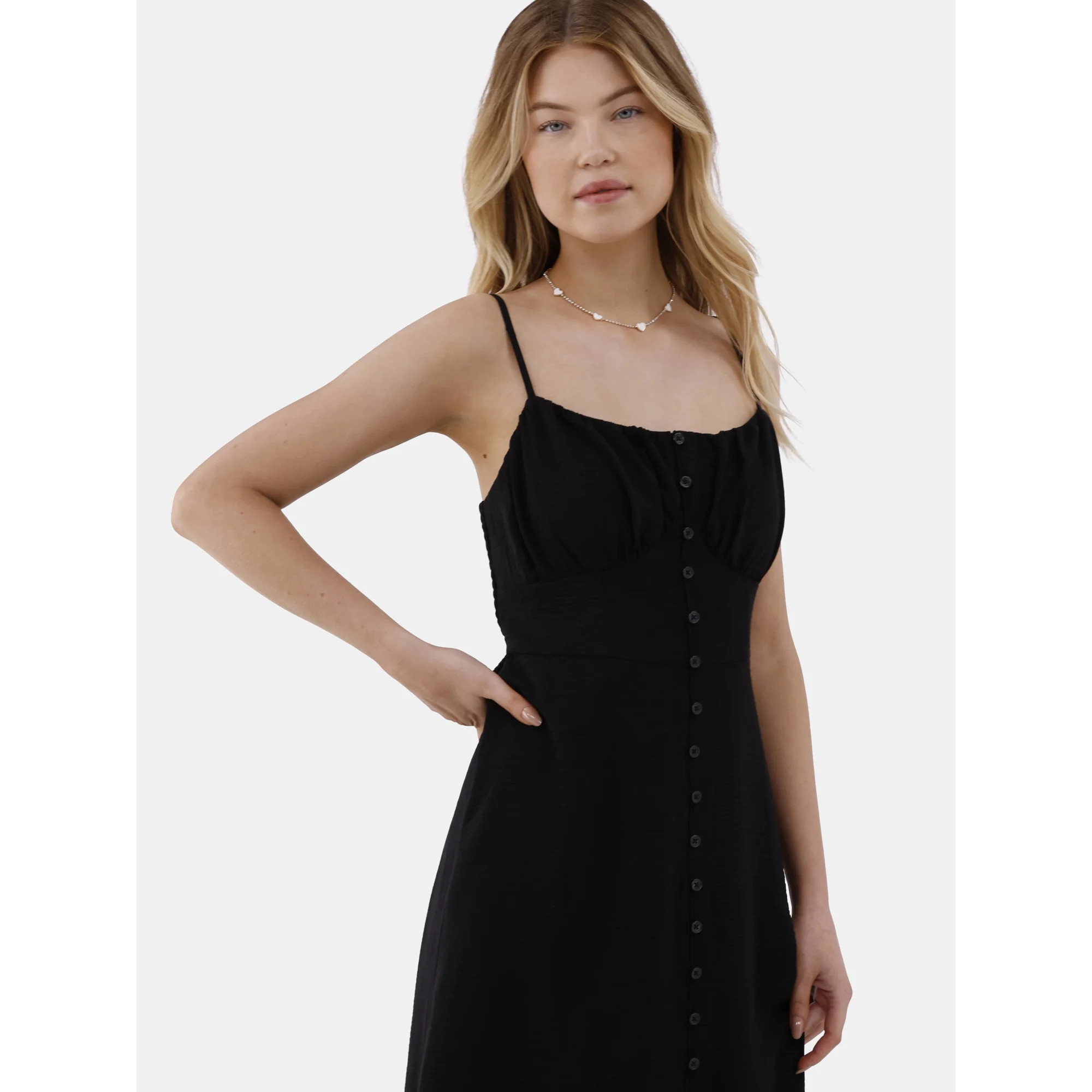 No Boundaries Button Front Flounce Midi Dress, Women’s | Walmart (US)