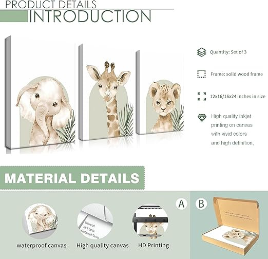 Nursery Wall Decor Set of 3, Cute Animal Lion Elephant Baby Pictures Poster Prints, Giraffe Jungl... | Amazon (US)