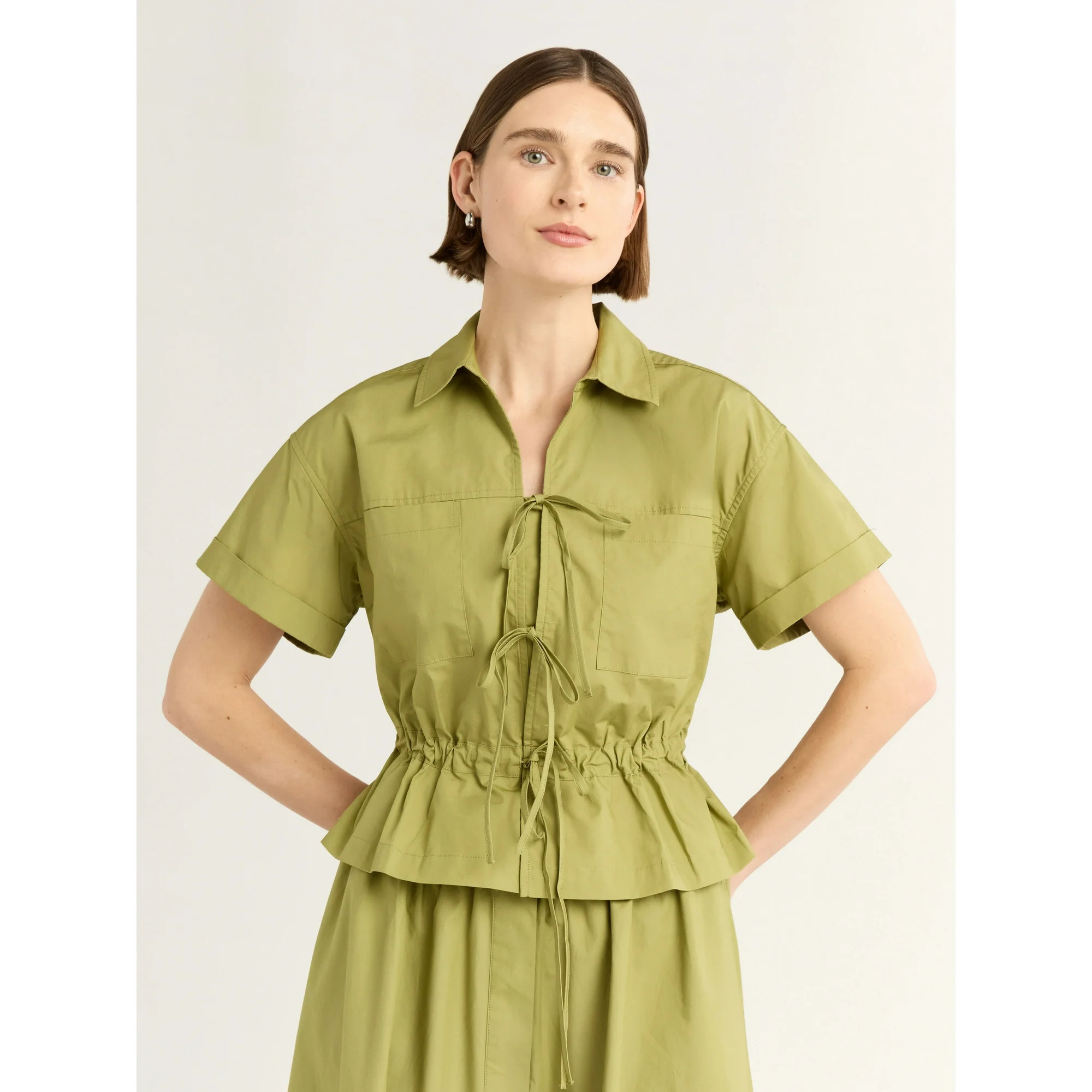 Free Assembly Women's and Women's Plus  Bow Front Cotton Utility Shirt with Short Sleeves, XS-4X | Walmart (US)