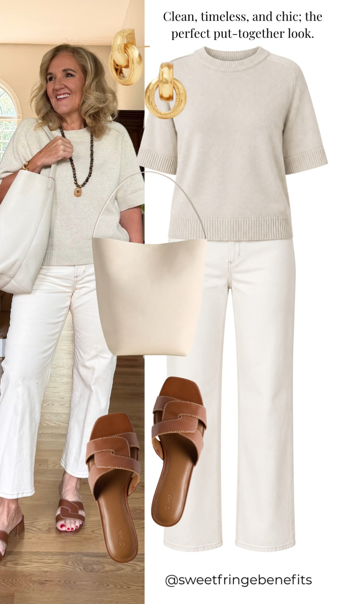 Clean, timeless, and chic, this cream-on-cream outfit is the perfect put-together look. The soft knit top and white jeans create a fresh monochromatic base, while cognac sandals add just the right amount of contrast.

💡 LTK MADE EASY
❤️ Heart = Support my posts!
🔖 Save = Get sale & restock alerts
📋 Lists = Keep favorites organized
📲 Share = Send lists and products to a friend. Hello, Christmas List!
💬 Comment = Ask me anything about what I'm wearing.:-)

#LTKootd #LTKWorkwear #LTKOver40